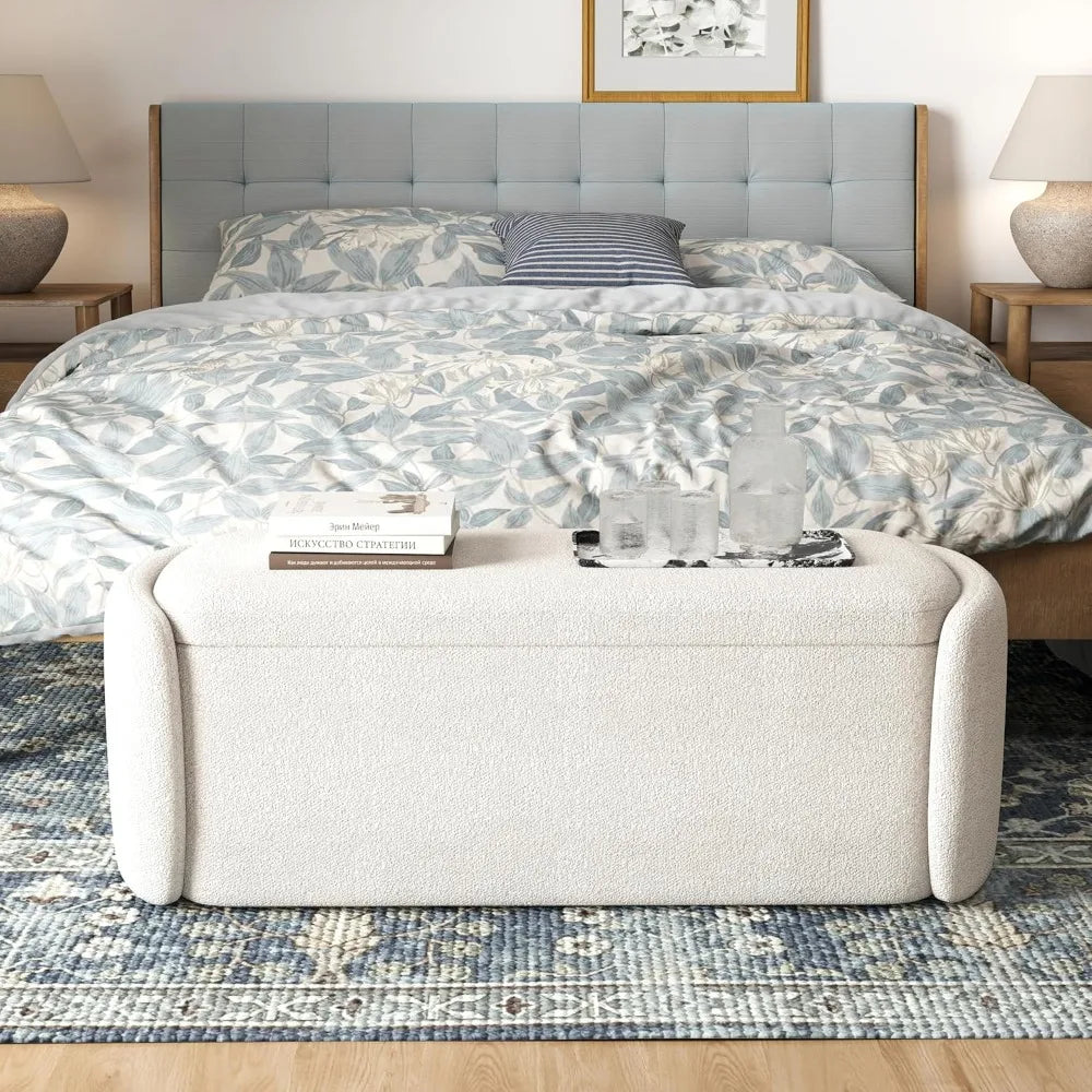Storage Ottoman Bench, 46" Upholstered End of Bed Bench Ottomans Bench Foot Rest, Sherpa Storage Bench for Bedroom