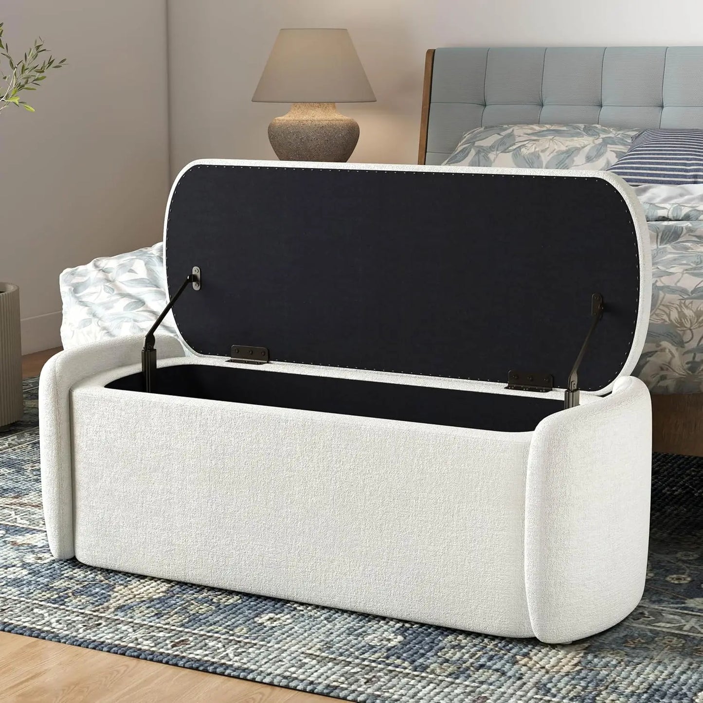 Storage Ottoman Bench, 46" Upholstered End of Bed Bench Ottomans Bench Foot Rest, Sherpa Storage Bench for Bedroom