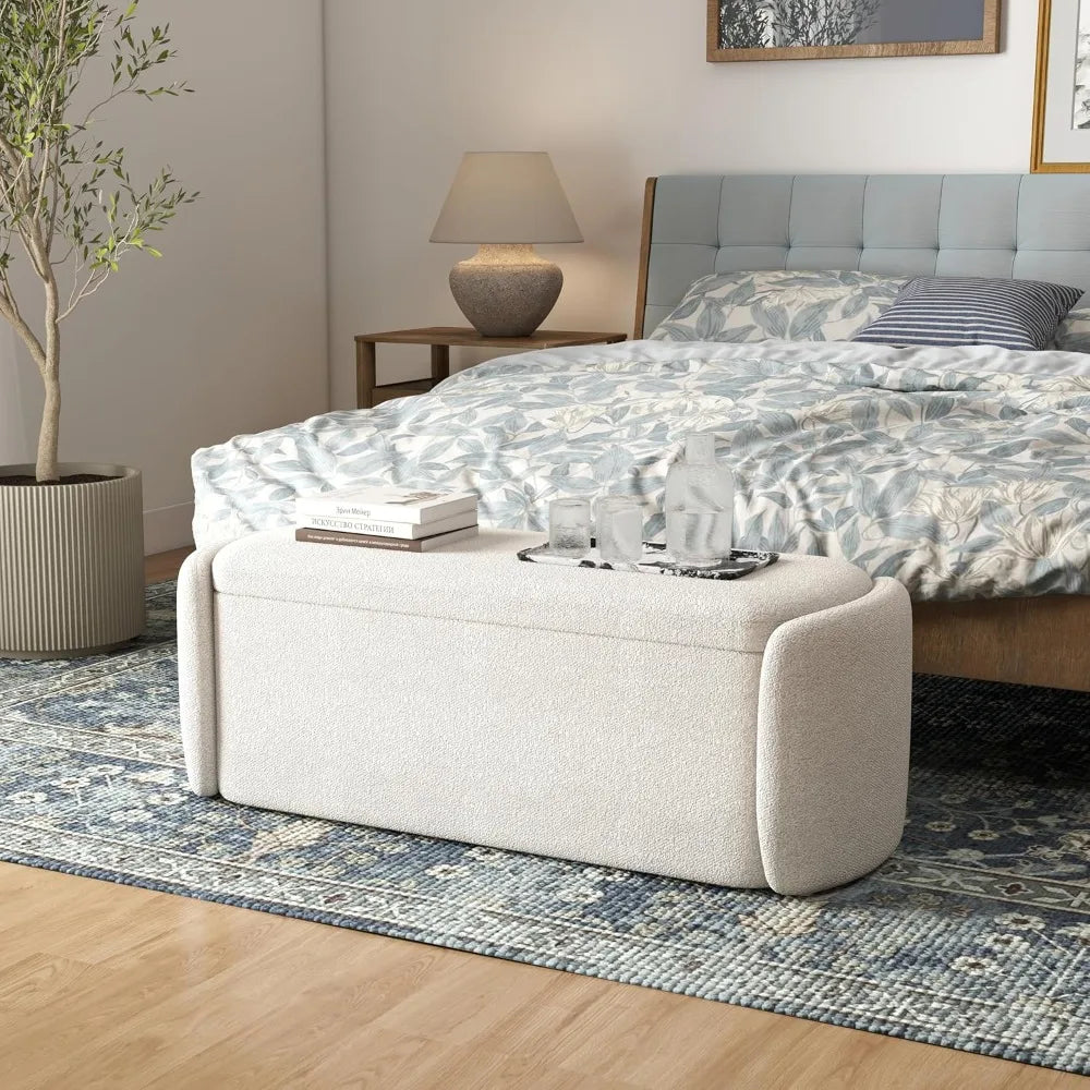 Storage Ottoman Bench, 46" Upholstered End of Bed Bench Ottomans Bench Foot Rest, Sherpa Storage Bench for Bedroom