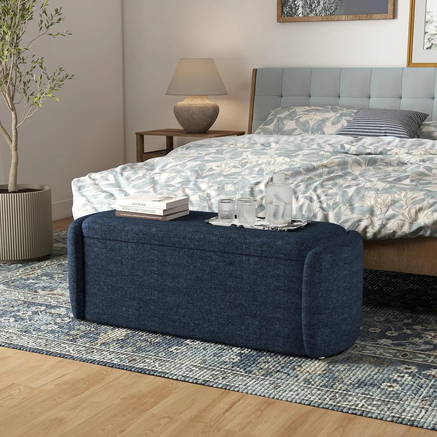 Storage Ottoman Bench, 46" Upholstered End of Bed Bench Ottomans Bench Foot Rest, Sherpa Storage Bench for Bedroom